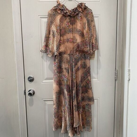 The Silk Farm Icinoo Vintage 100% Silk Dress Womens 10 Purple Paisley Sheer 70s - Picture 1 of 16